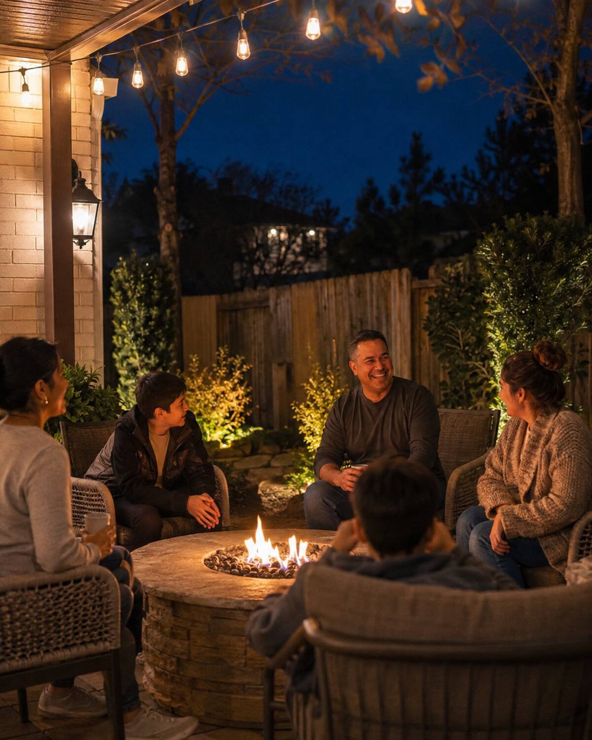 Family gathered around a custom backyard fire pit in the evening