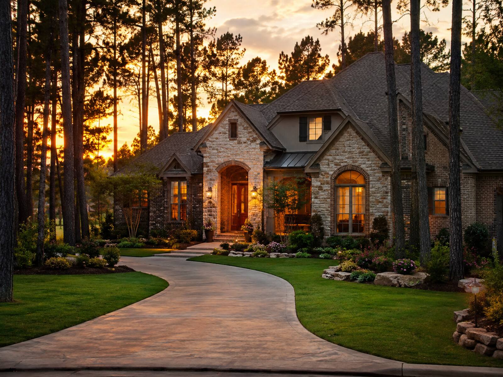 A grand stone luxury estate home glowing at dusk