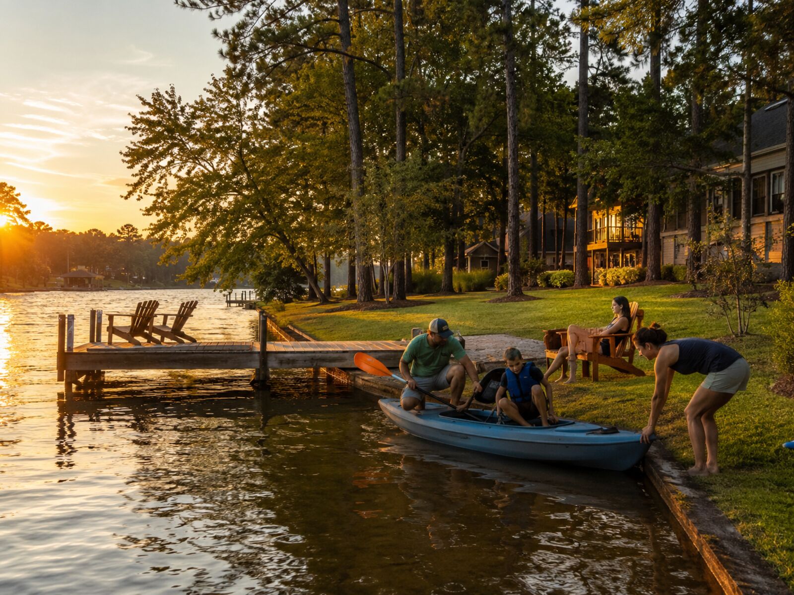 Family launching a kayak from a Lake Conroe dock at sunset