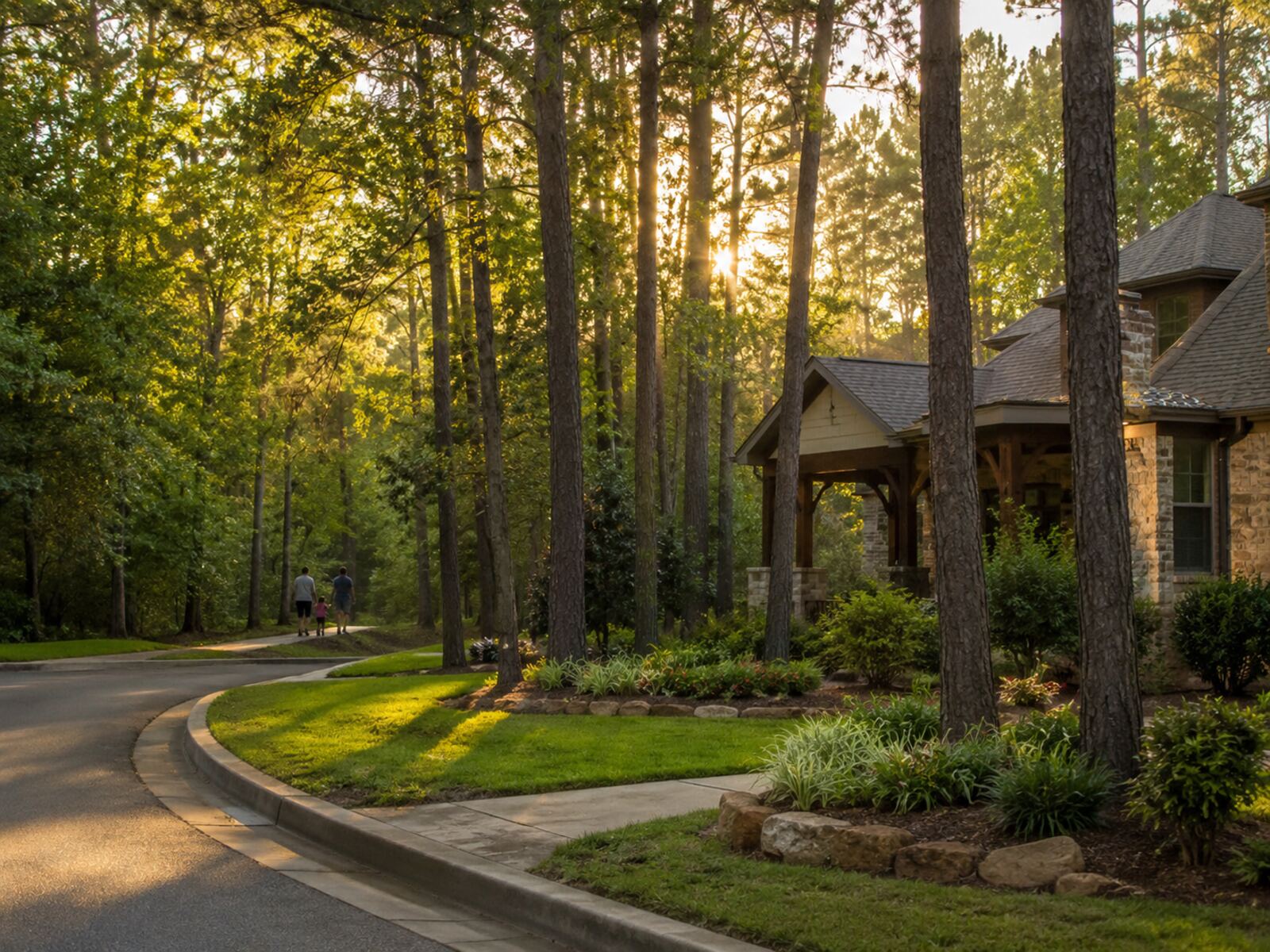 Golden-hour view of a tree-lined Kingwood, Texas home