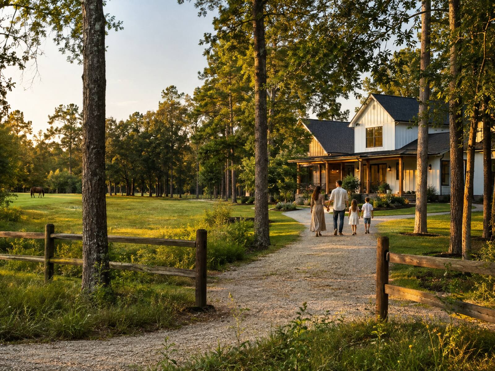 Family walking a gravel drive to a Magnolia, Texas farmhouse with horses grazing nearby