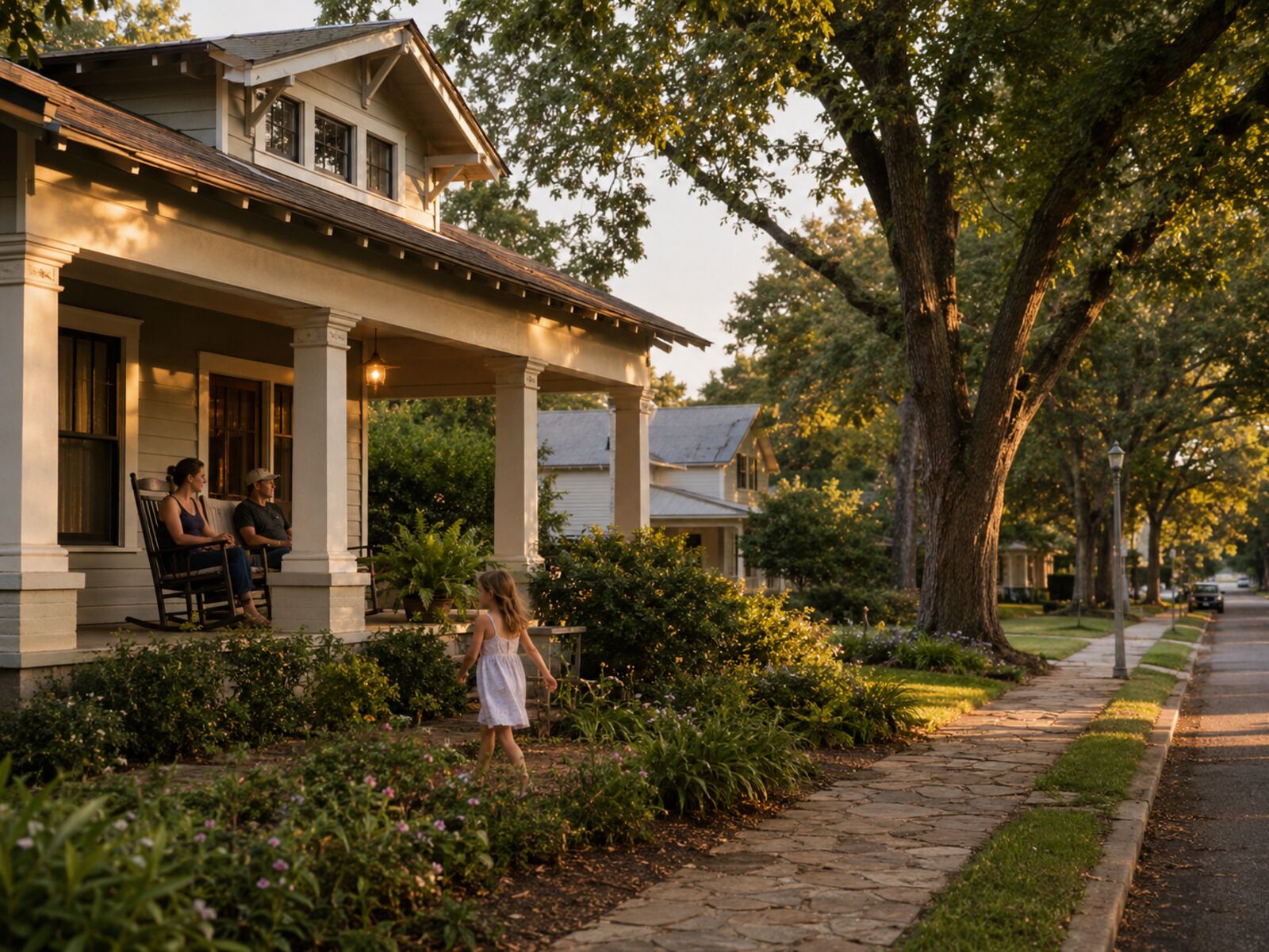 Family relaxing on a front porch in a tree-lined Montgomery, Texas neighborhood