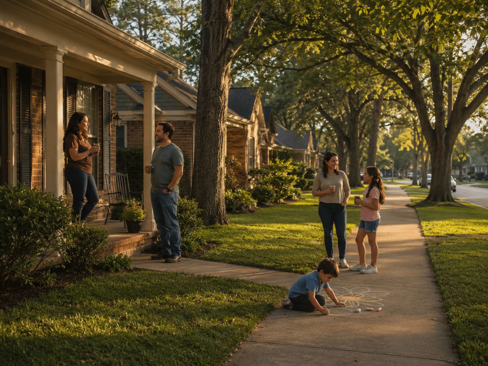 Neighbors visiting on a front porch while kids draw with sidewalk chalk in Spring, Texas