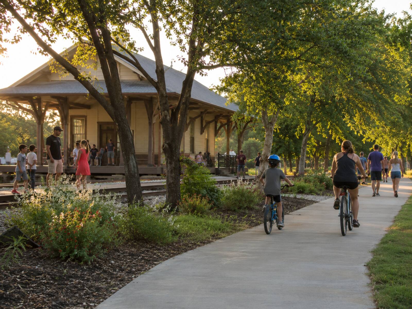 Family walking through a lively town square in Tomball, Texas