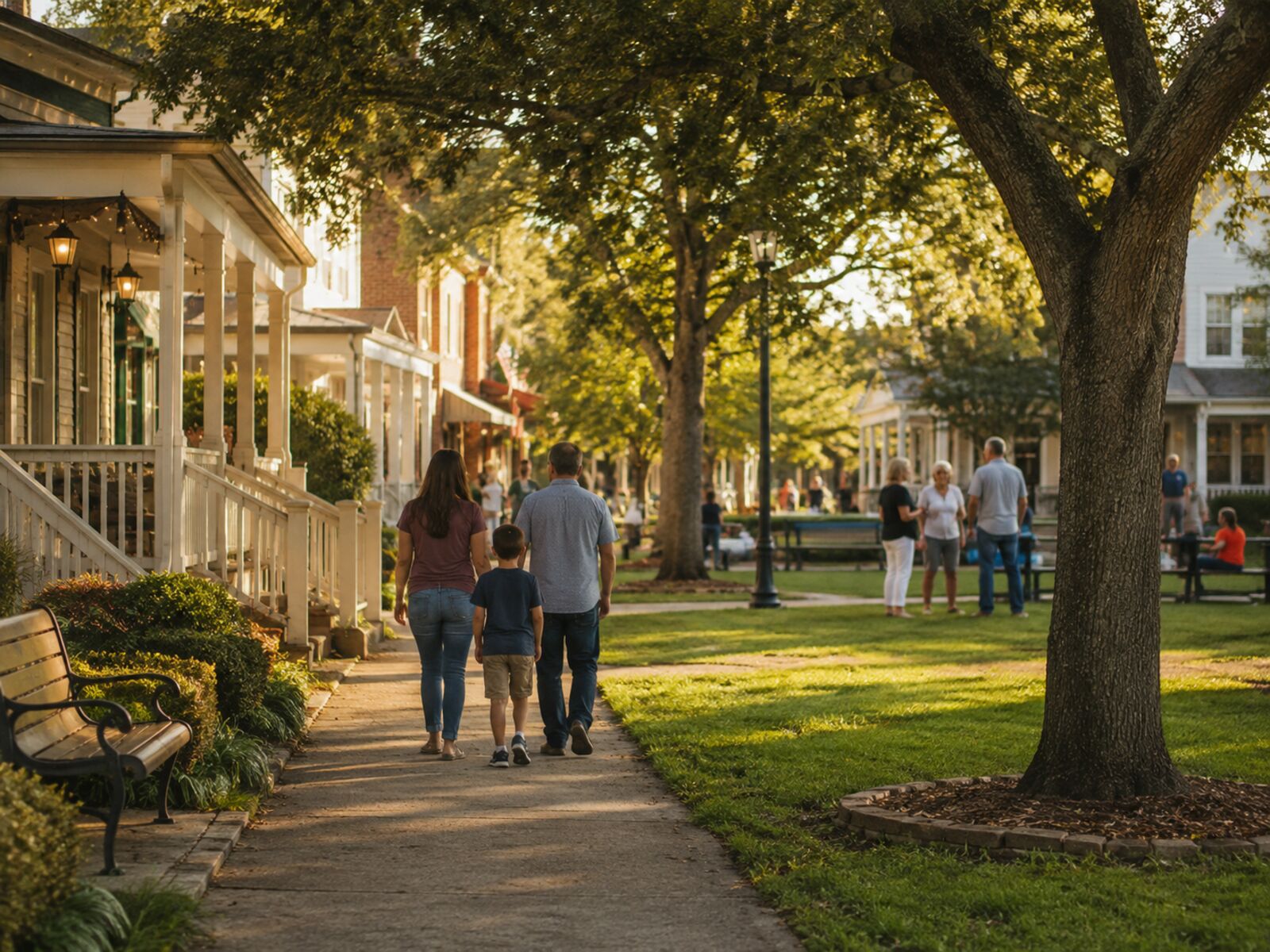 Family walking through a lively town square in Tomball, Texas