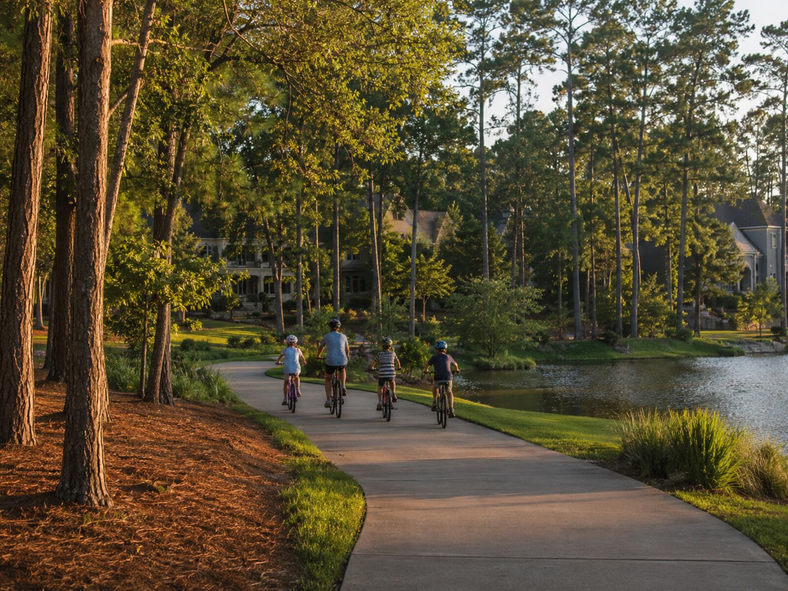 Family biking a wooded lakeside trail in The Woodlands, Texas